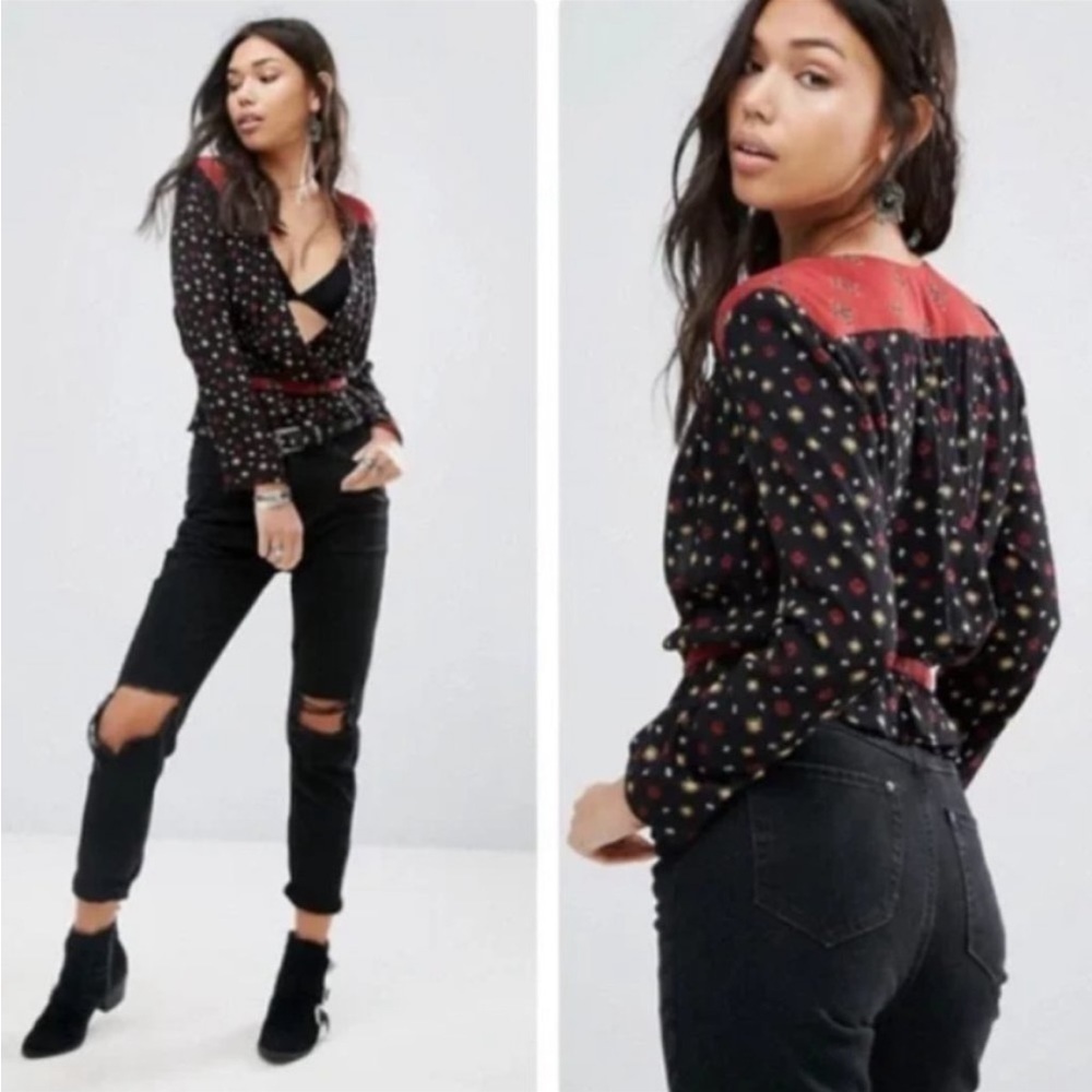 Free People Where We Roam Surplice Wrap Long sleeve Top Sz L